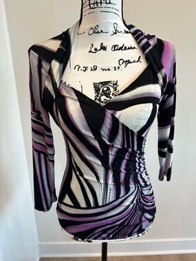 Cache Purple, Black & White Striped Wrap-Effect Blouse